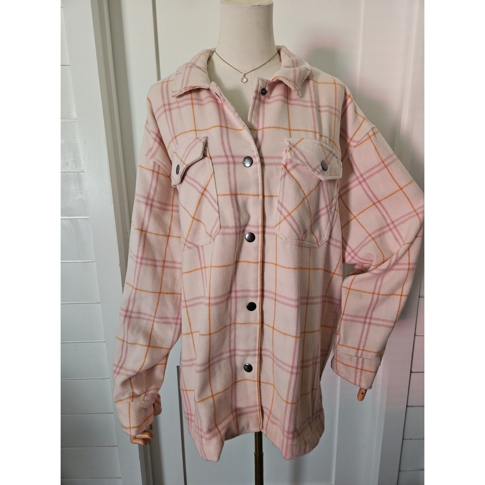 HFX Plaid Shacket Jacket Pink Cream Orange Checked Wool Blend Button‎ Up Large